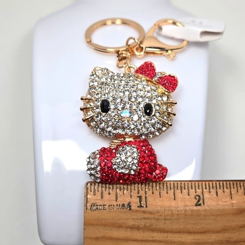 Hello Kitty Rhinestone Keychain Bright Red and Gold Tone